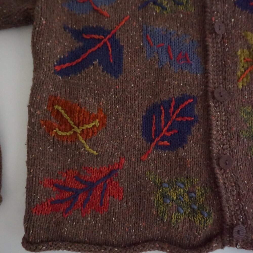 Vintage Fashion Bug Brown Autumn Fall Leaf Embroidered Button Knit Cardigan L - Picture 7 of 9